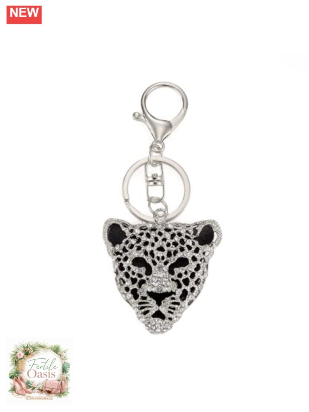 Rhinestone Leopard Head Keychain Purse Charm Pendant
